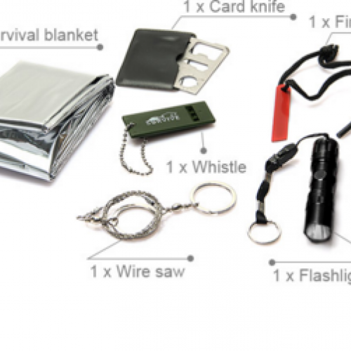 Set Fire Starter + Wire Saw + Card knife + Outdoor Whistle + Flashlight + Blank